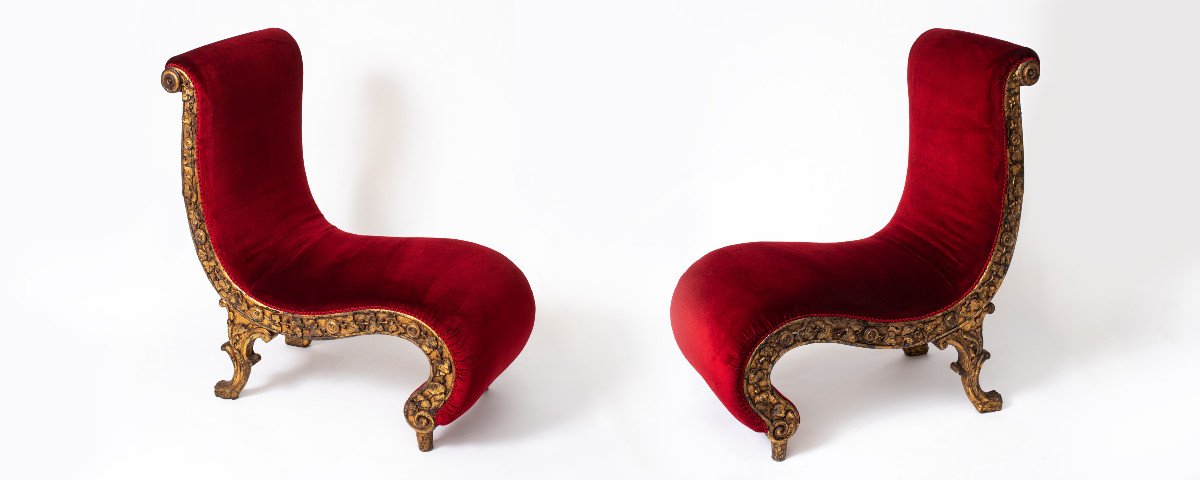 Rare Paire De Chaises De Volupté Bois Sculpté Doré Et Velours, Portugal, Vers 1880 