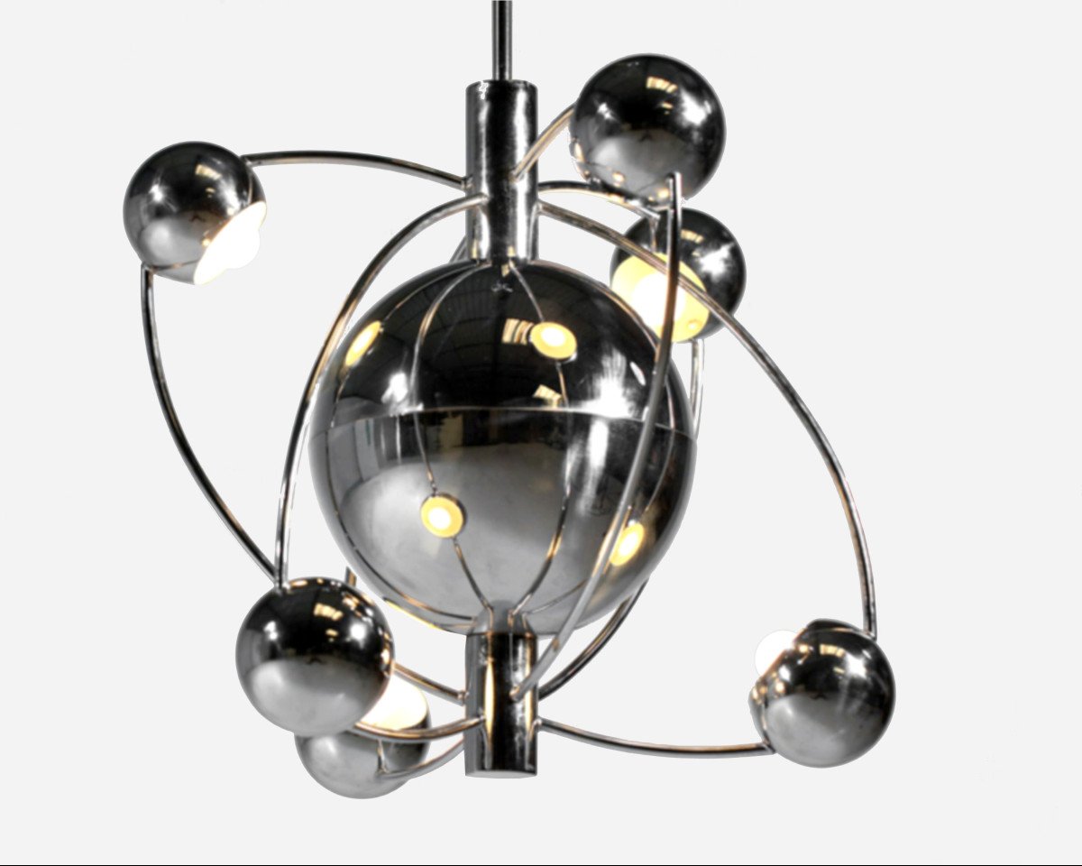 “satellite” Chandelier In Chromed Metal, By Goffredo Reggiani, Reggiani, Italy, Circa 1960 -photo-2