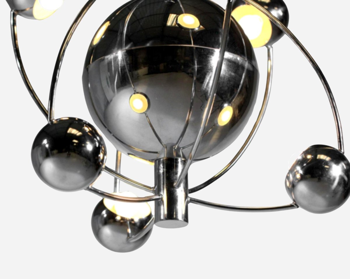 “satellite” Chandelier In Chromed Metal, By Goffredo Reggiani, Reggiani, Italy, Circa 1960 -photo-3