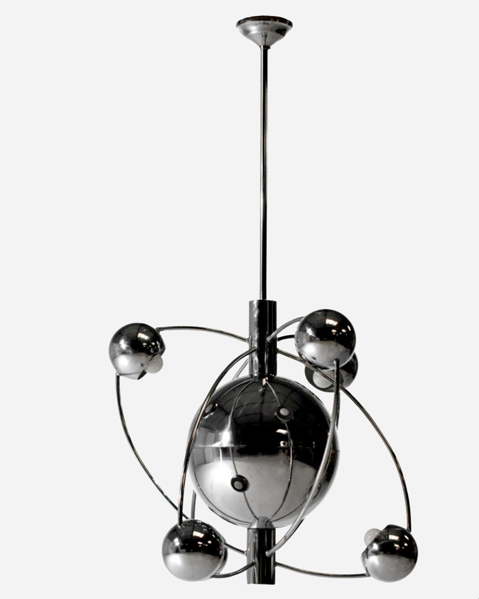 “satellite” Chandelier In Chromed Metal, By Goffredo Reggiani, Reggiani, Italy, Circa 1960 -photo-1