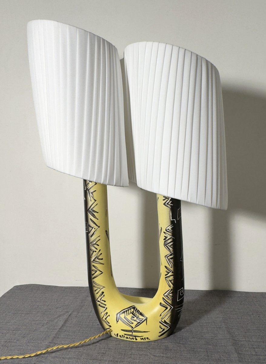 Ceramic Lamp With Double Draped Shade By F. Ré, H. Ugo, Vallauris, Circa 1955-photo-4