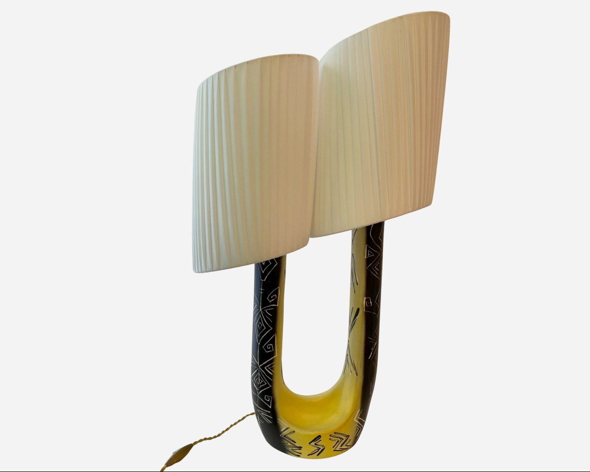 Ceramic Lamp With Double Draped Shade By F. Ré, H. Ugo, Vallauris, Circa 1955