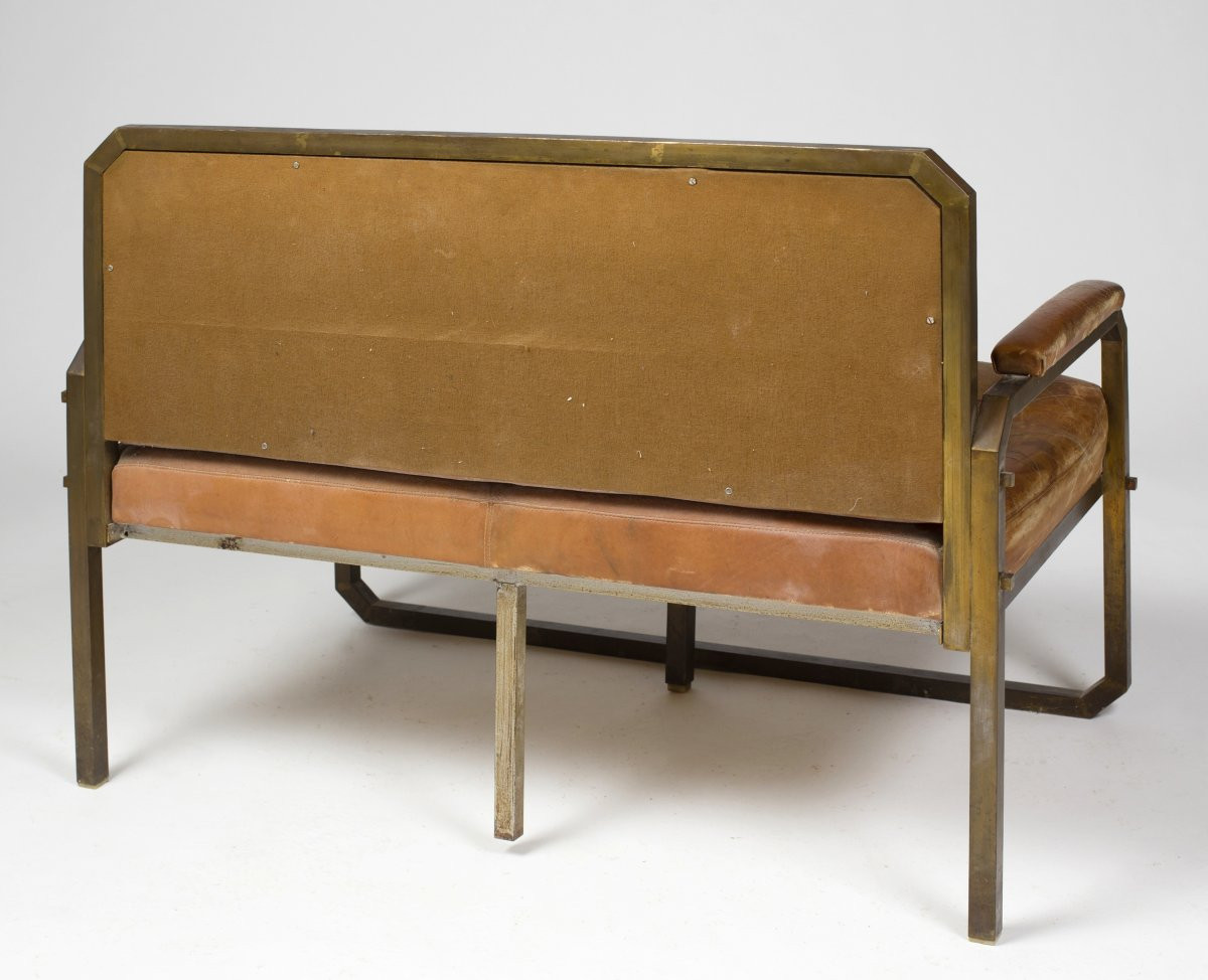 Small Brass And Leather Bench, France, Circa 1940-photo-3
