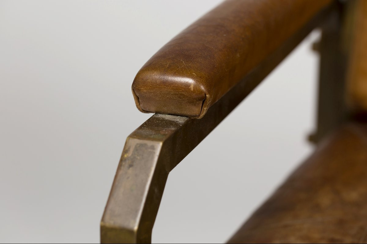 Small Brass And Leather Bench, France, Circa 1940-photo-4