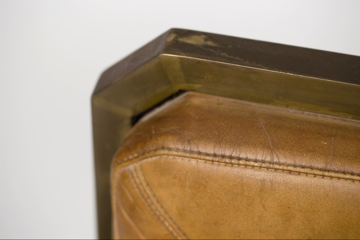 Small Brass And Leather Bench, France, Circa 1940-photo-3