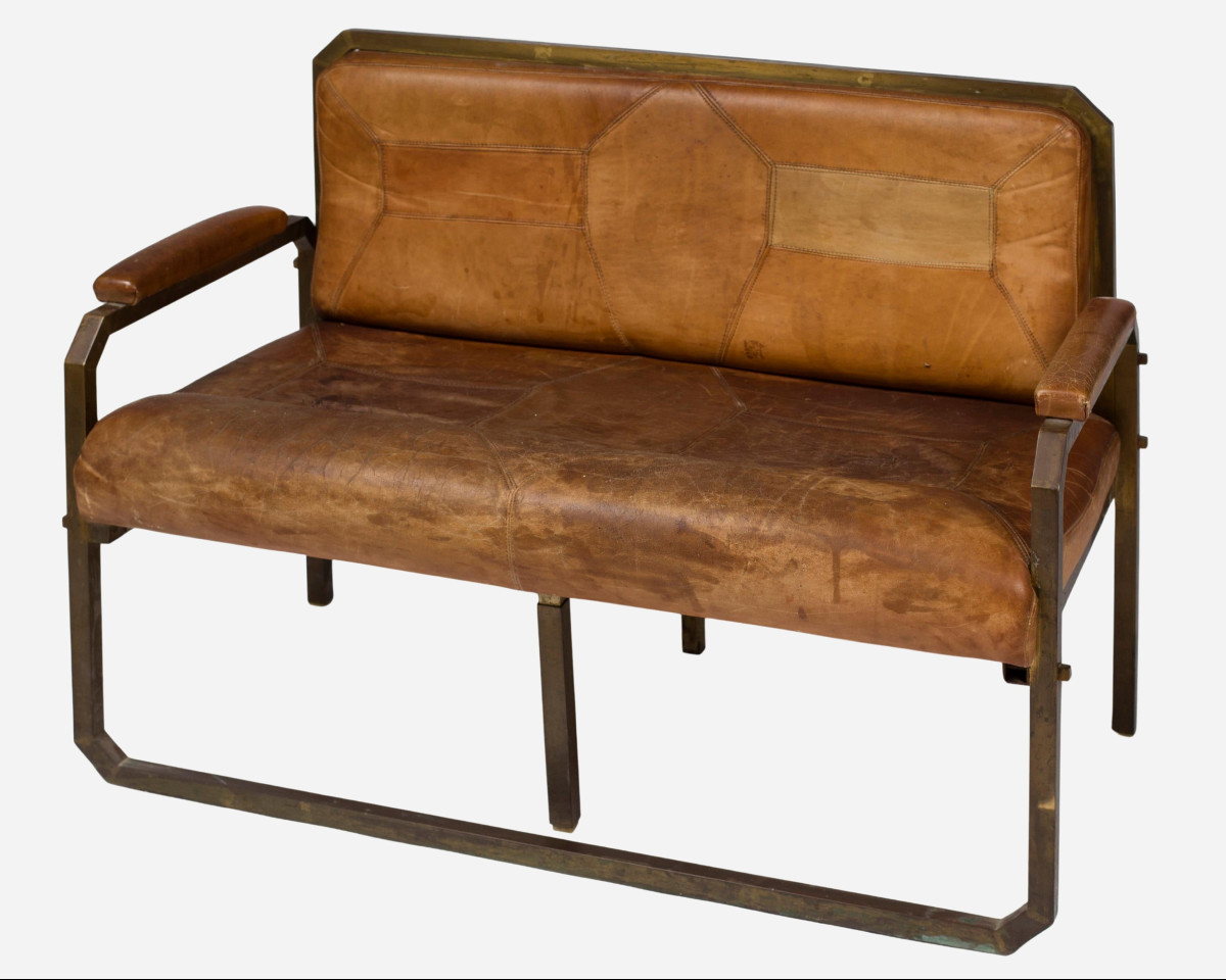 Small Brass And Leather Bench, France, Circa 1940