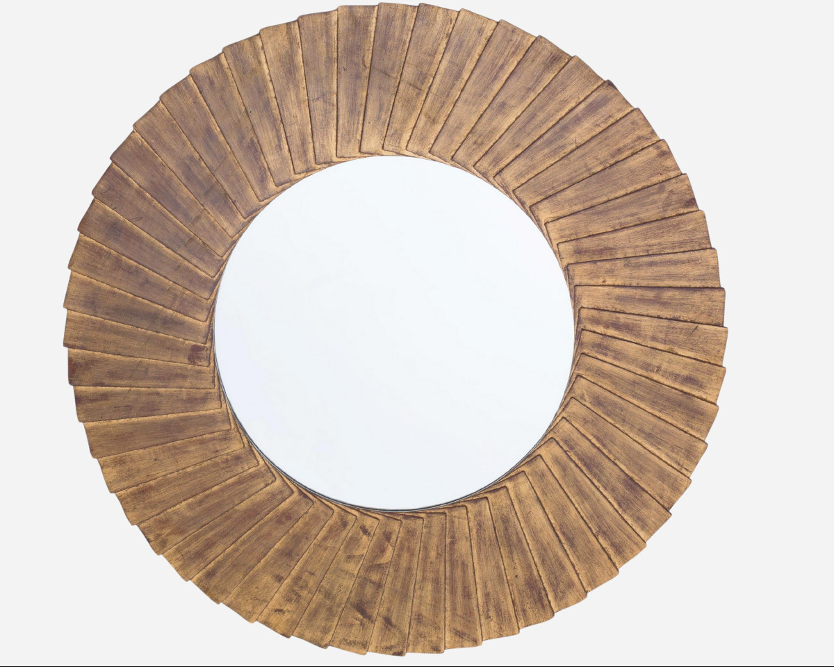 Miroir rond à encadrement en bois à décor plissé, Éd. Christopher Guy, Indonésie vers 2018