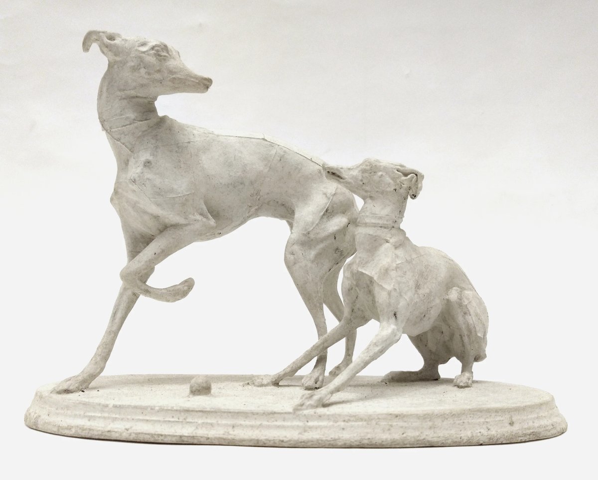 "two Greyhounds Playing With A Ball", Plaster Cast By Pierre-jules Mêne, France, Circa 1860-photo-2