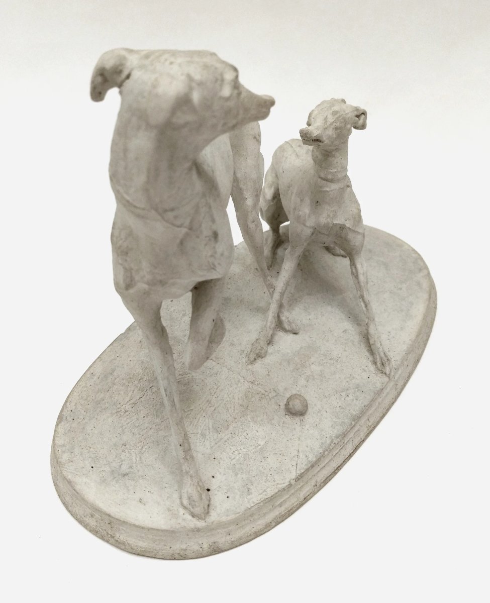 "two Greyhounds Playing With A Ball", Plaster Cast By Pierre-jules Mêne, France, Circa 1860-photo-3
