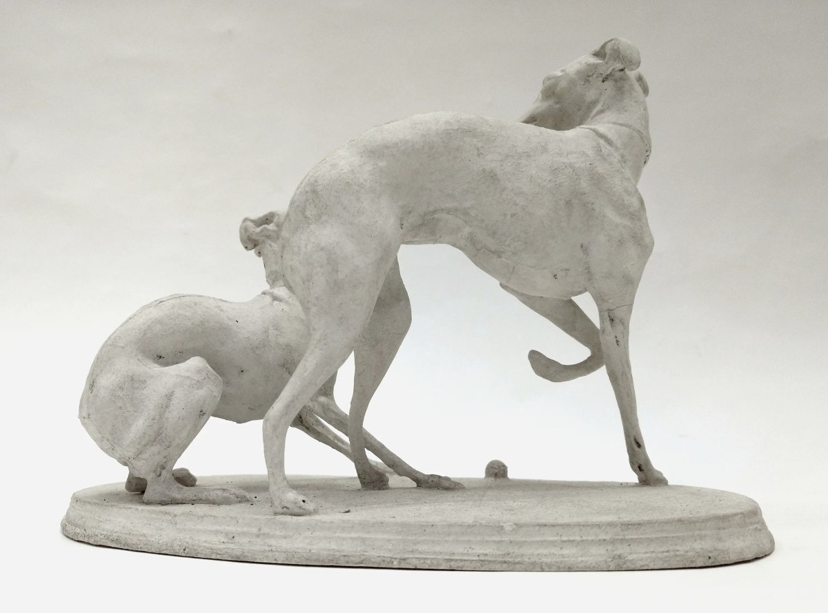 "two Greyhounds Playing With A Ball", Plaster Cast By Pierre-jules Mêne, France, Circa 1860-photo-1
