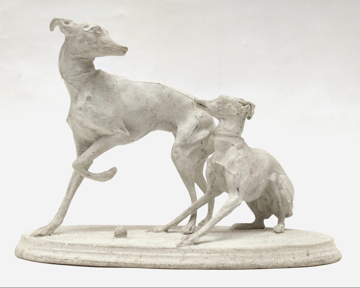 "two Greyhounds Playing With A Ball", Plaster Cast By Pierre-jules Mêne, France, Circa 1860