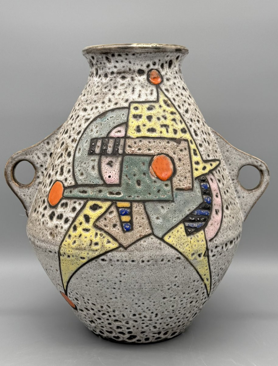 Large Glazed Ceramic Vase With Handles, By Marius Bessone, Vallauris, France, 1956-photo-2