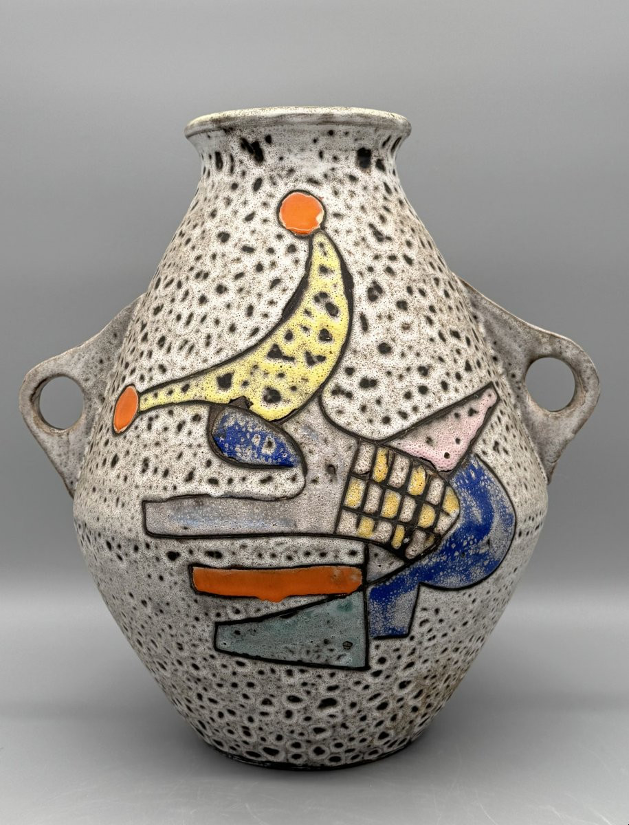 Large Glazed Ceramic Vase With Handles, By Marius Bessone, Vallauris, France, 1956-photo-3