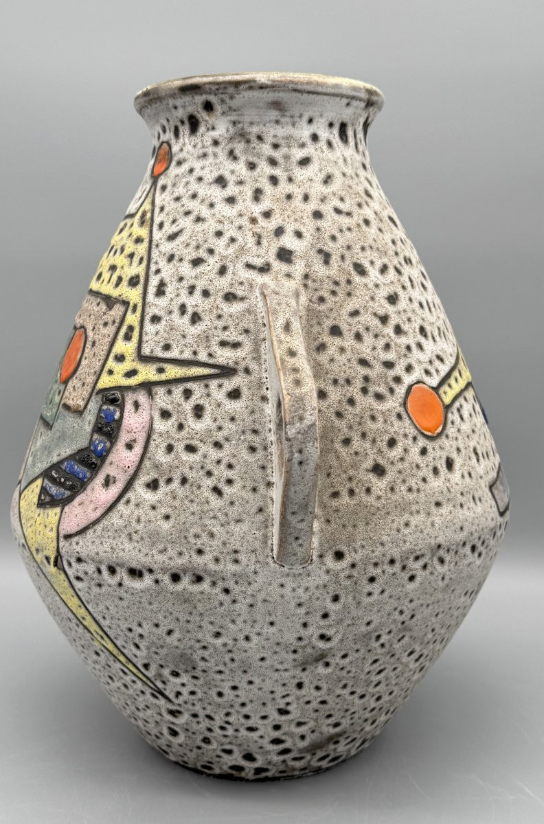 Large Glazed Ceramic Vase With Handles, By Marius Bessone, Vallauris, France, 1956-photo-4