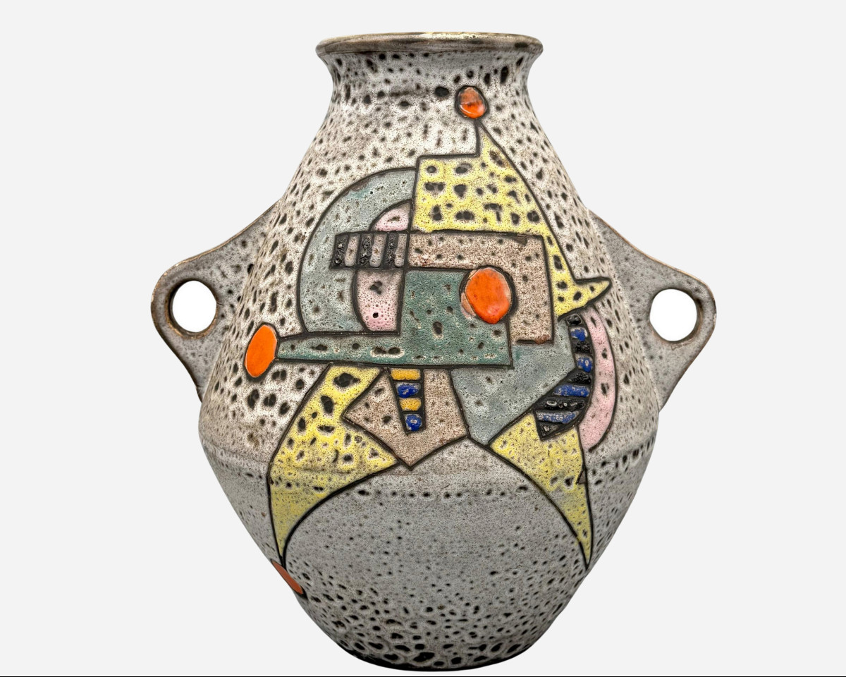 Large Glazed Ceramic Vase With Handles, By Marius Bessone, Vallauris, France, 1956