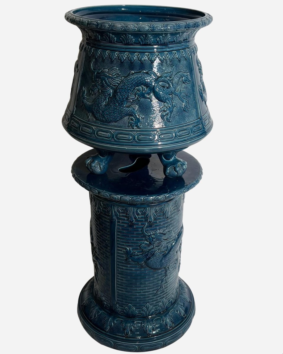 Jardinière avec colonne en faïence émaillée bleue, Saint Amand, France, vers 1880/1900-photo-2