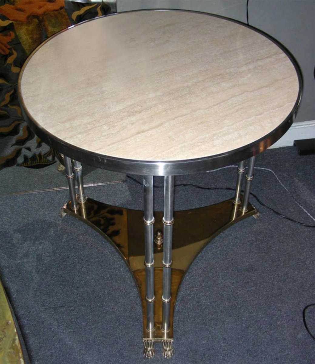 Tall Side Table In Travertine, Brushed Stainless Steel And Brass, Editions Maison Jansen, France, Circa 1980-photo-2