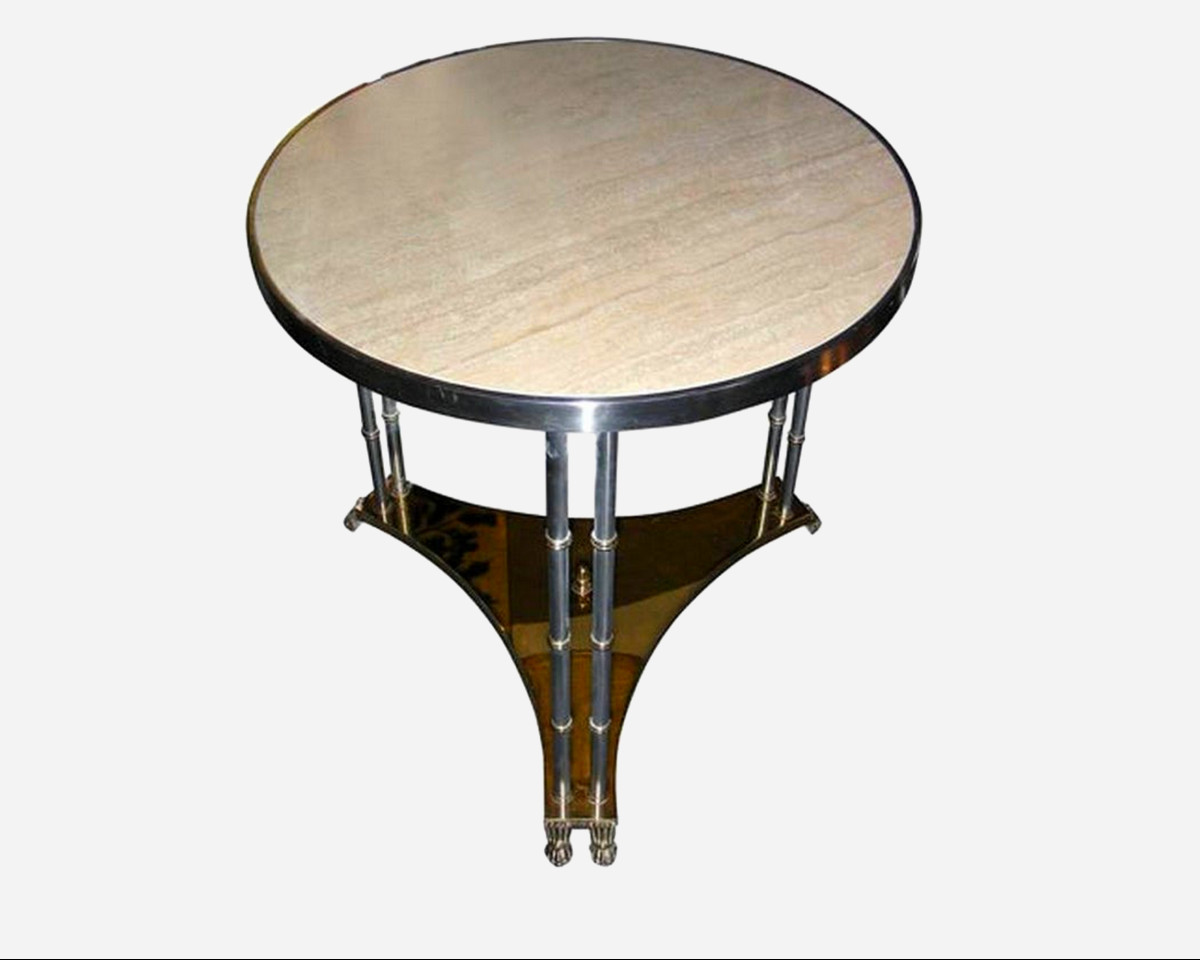 Tall Side Table In Travertine, Brushed Stainless Steel And Brass, Editions Maison Jansen, France, Circa 1980