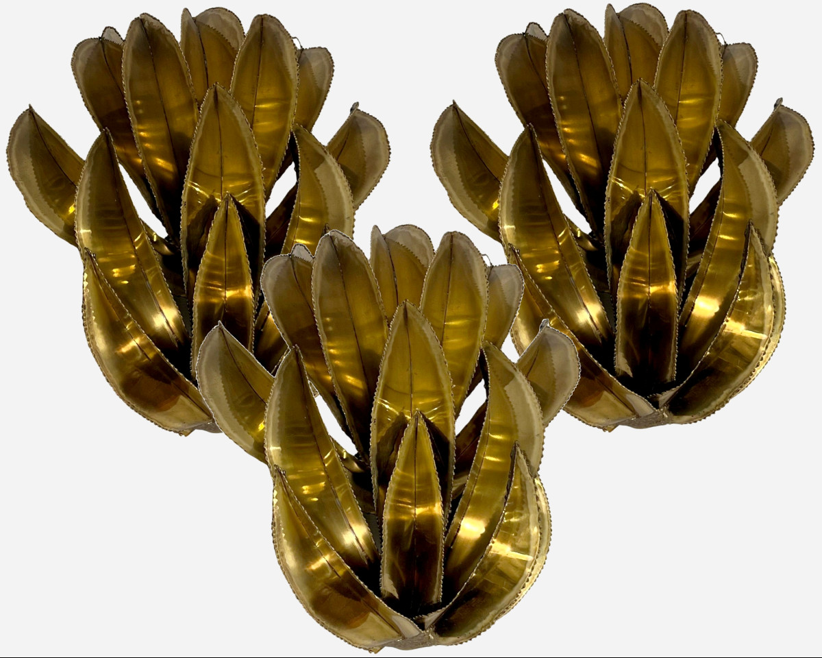 Set Of Three "agave" Wall Lights Attributed To Christian Techoueyres, Maison Jansen,france 1970