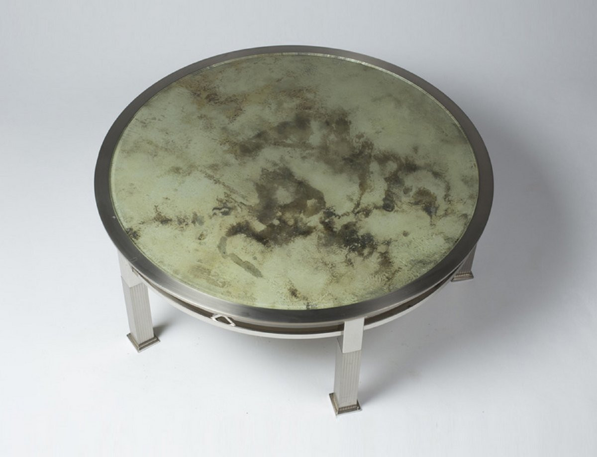Table basse ronde en chrome et verre, dans le style de Maison Jansen, France, vers 1970-photo-3