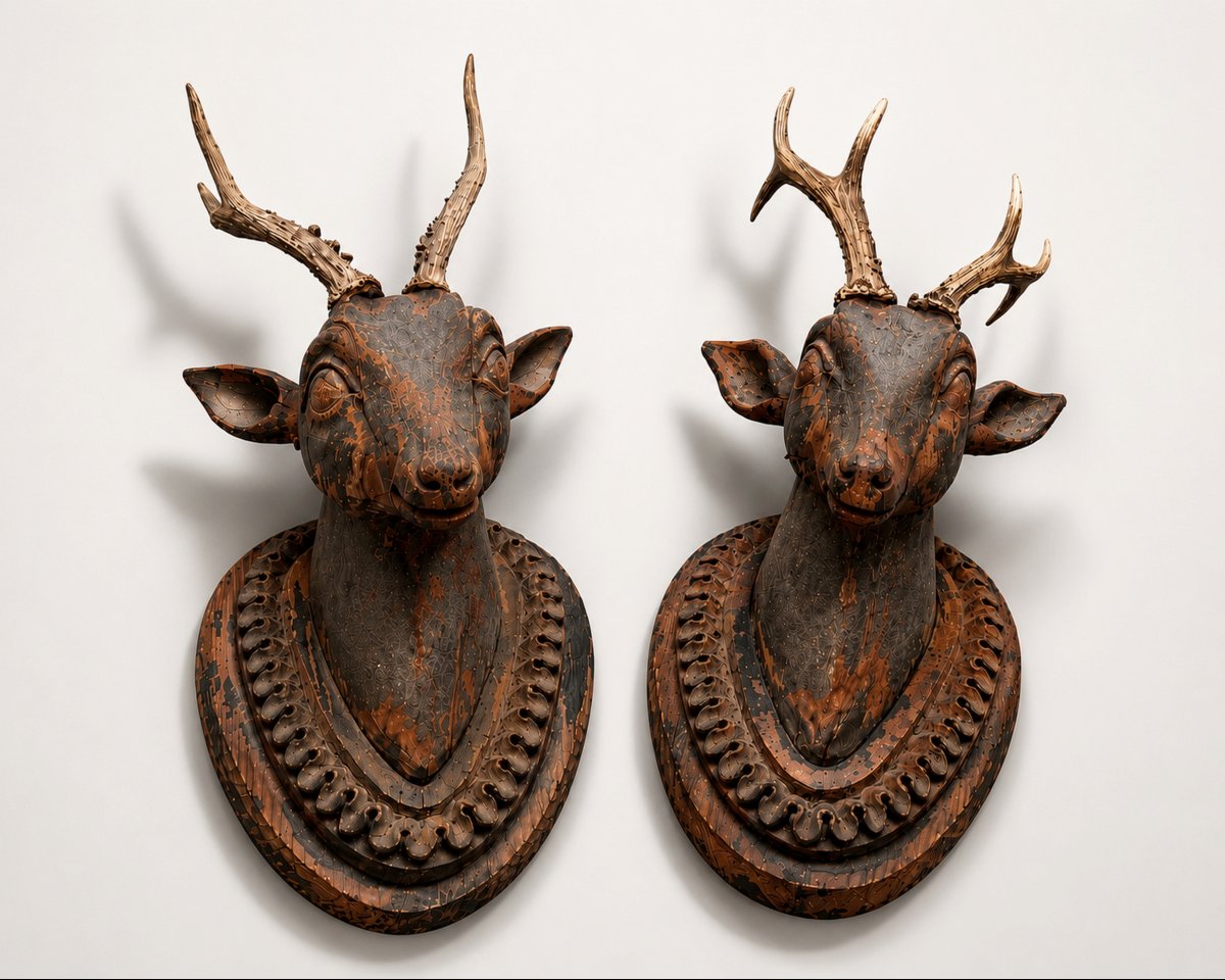 Paire de trophées en bois sculpté et bois de chevreuils véritables, Allemagne, vers 1870