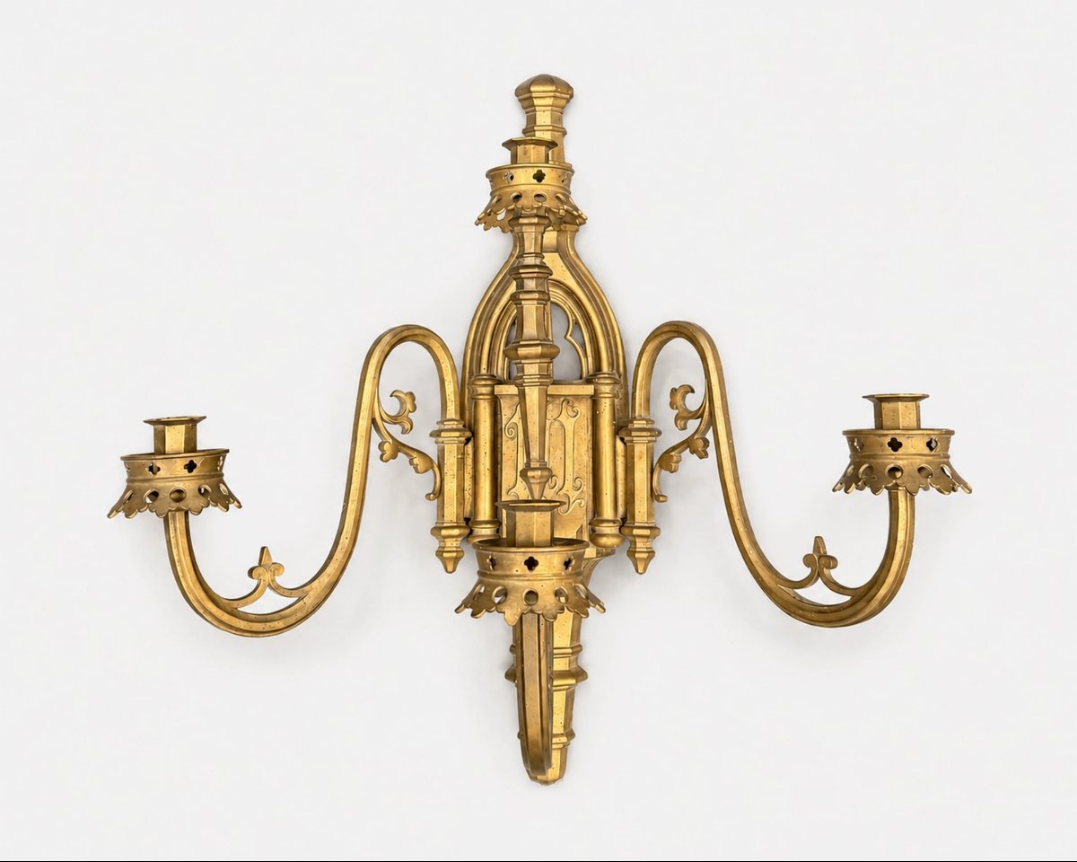 Set Of Four Large Neo-gothic Bronze Wall Sconces, France, Circa 1860-photo-2
