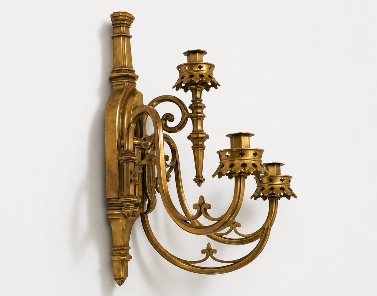Set Of Four Large Neo-gothic Bronze Wall Sconces, France, Circa 1860-photo-4