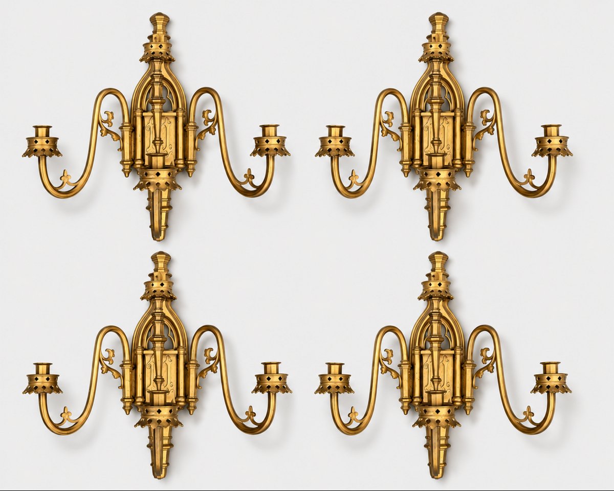 Set Of Four Large Neo-gothic Bronze Wall Sconces, France, Circa 1860