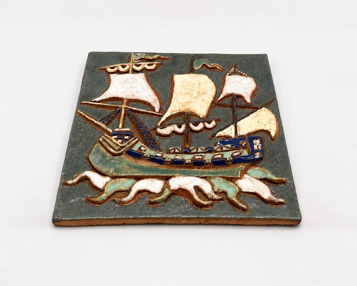 Decorative Plaque Made Of Glazed Chamotte Clay, By Les Argonautes, Vallauris, France, Circa 1970-photo-2