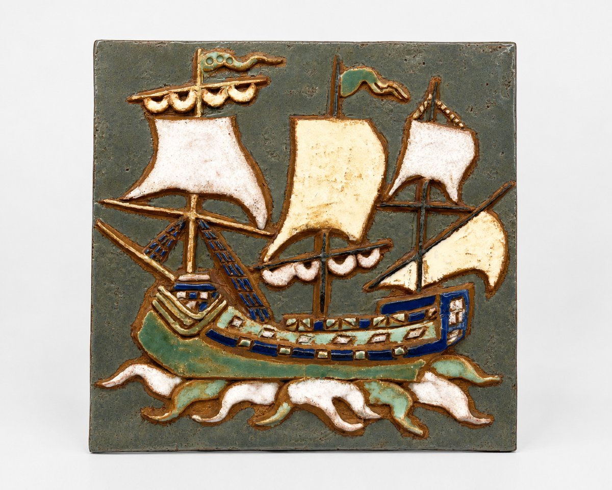 Decorative Plaque Made Of Glazed Chamotte Clay, By Les Argonautes, Vallauris, France, Circa 1970
