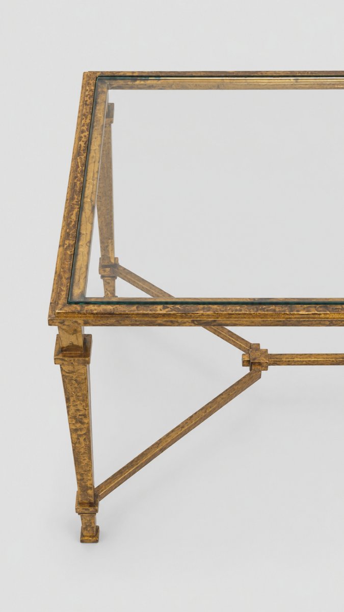 Large Coffee Table In Hammered And Gilded Iron, By Robert Thibier, Paris, France, Circa 1960-photo-3