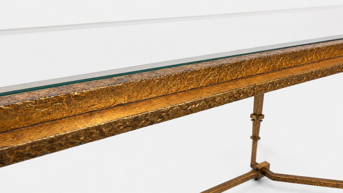 Large Coffee Table In Hammered And Gilded Iron, By Robert Thibier, Paris, France, Circa 1960-photo-2