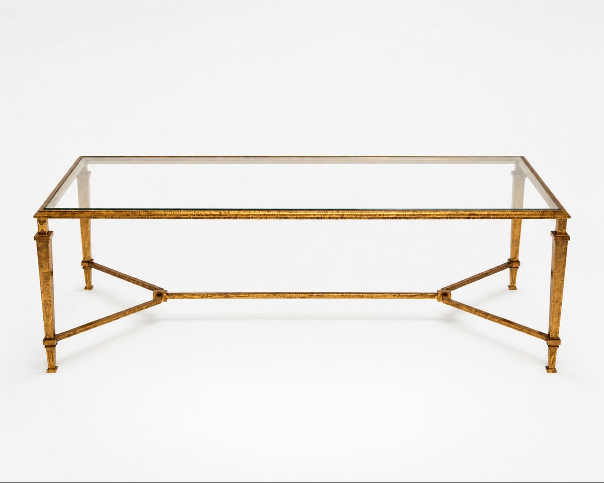 Large Coffee Table In Hammered And Gilded Iron, By Robert Thibier, Paris, France, Circa 1960