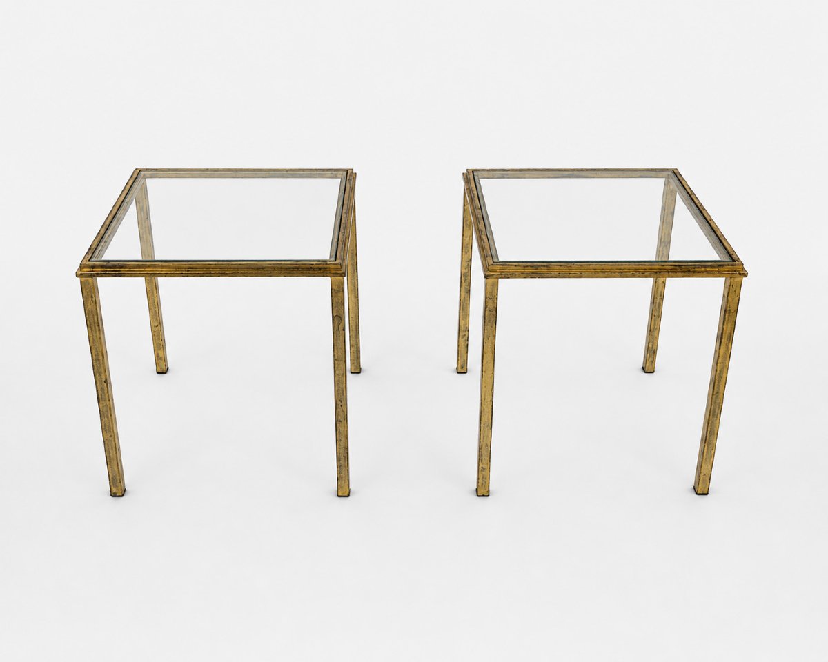Paire de tables-bouts de canapé en fer martelé et doré, par Robert Thibier, France, vers 1960-photo-2