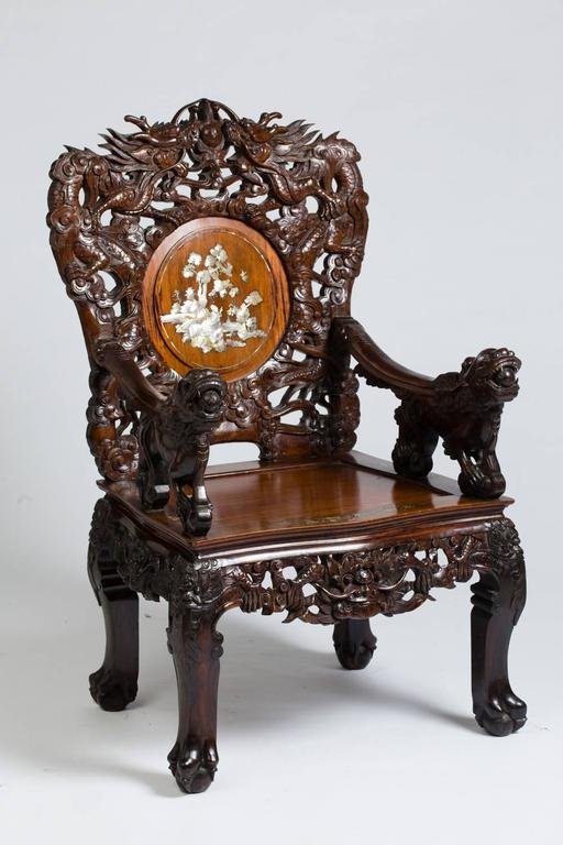 Set Of Four Armchairs In Carved Wood Inlaid With Mother Of Pearl, Indochina Circa 1880/1900-photo-2