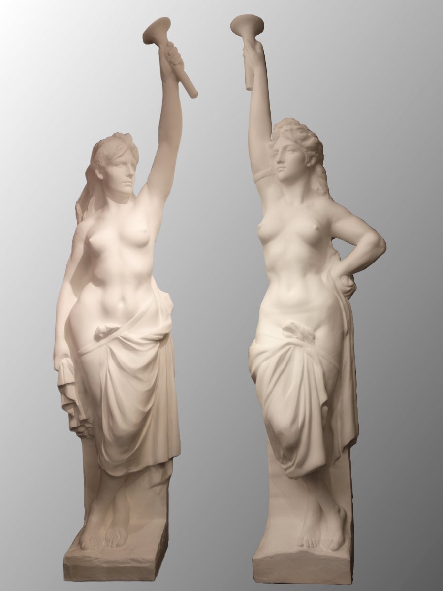  Deux Statues Monumentales, Nymphes Portant Des Torchères. France Vers 1940 -photo-4