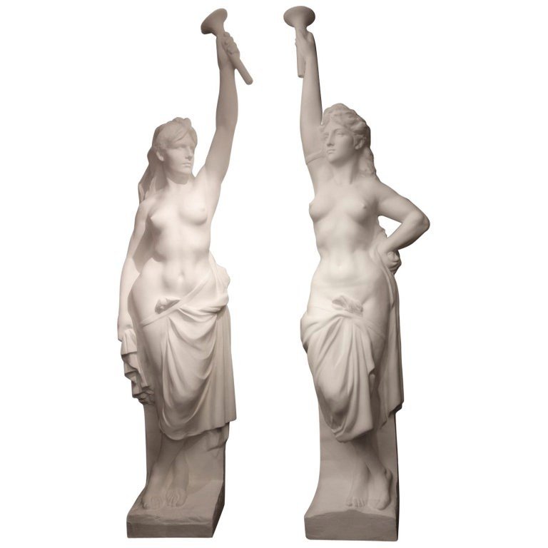  Deux Statues Monumentales, Nymphes Portant Des Torchères. France Vers 1940 