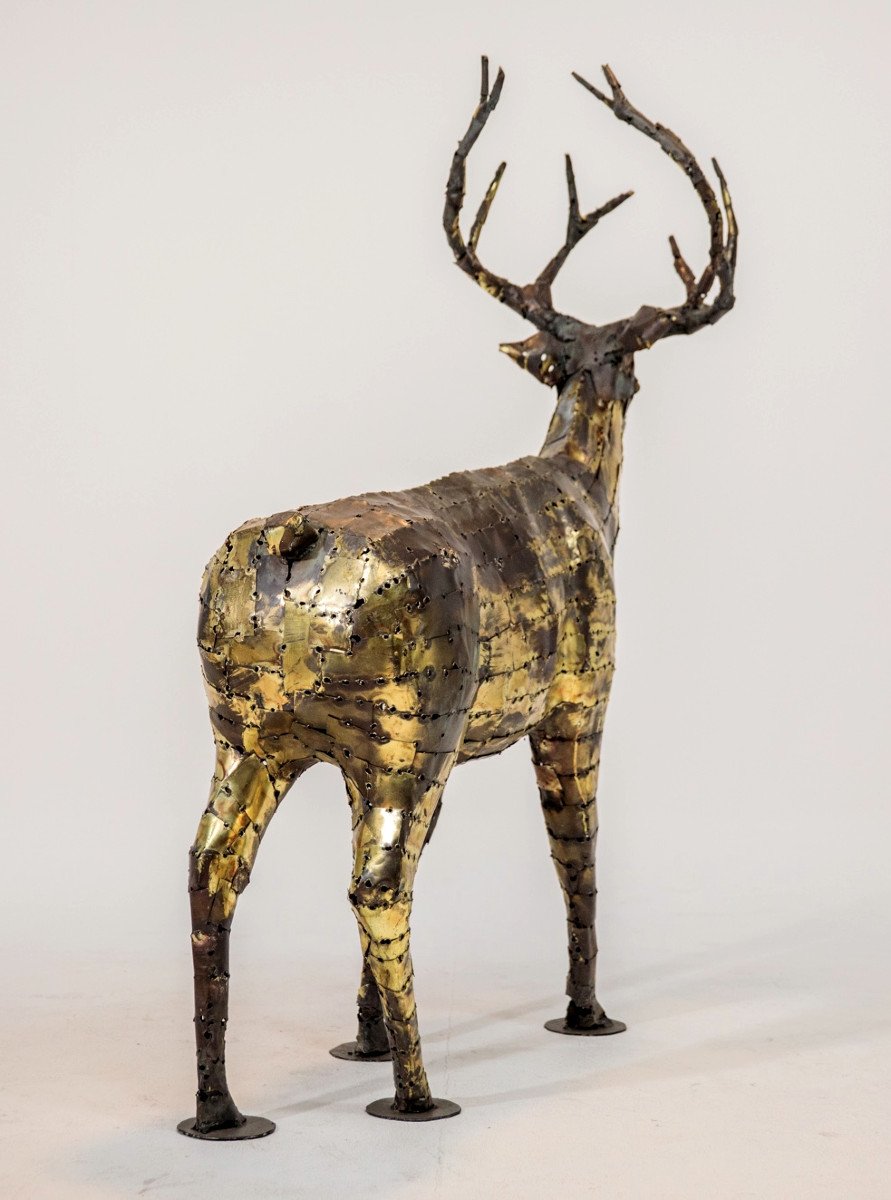 "Cerf", sculpture en laiton oxydé de François Melin. France vers 1970-photo-8