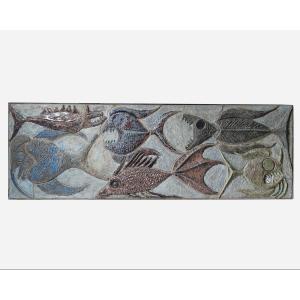 Large Ceramic Panel Decorated With Fish Belgium, 1969