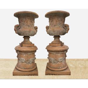 Monumental Pair Of Medicis Vases On Columns, In Terracotta France, Circa 1950