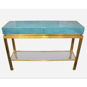 Console In Brass And Turquoise Blue Lacquer By G. Lefèvre, Ed. Maison Jansen, Paris France, 1970
