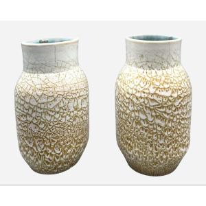 Pair Of Glazed Ceramic Vases, Accolay, France, Circa 1950