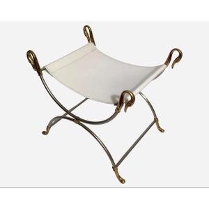 Tabouret Curule « Cygnes » En Acier Brossé Et Bronze Doré, Maison Charles, France, Vers 1970
