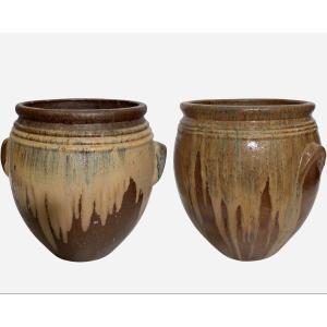 Pair Of Large Planters In Glazed Stoneware Aubenas, France, Circa 1930