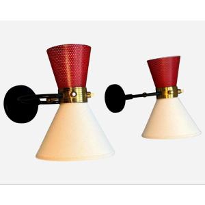 Pair Of Double-light Diabolo Adjustable Sconces Maison Lunel, France, Circa 1950