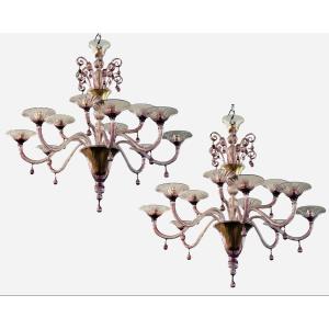 Paire De Lustres, Venini, Murano, Italie, Vers 1970