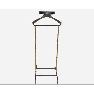 Nightstand In Turned Brass And Black Leather, Saddle Stitching, By J.adnet, France Circa 1950