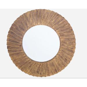 Miroir rond à encadrement en bois à décor plissé, Éd. Christopher Guy, Indonésie vers 2018