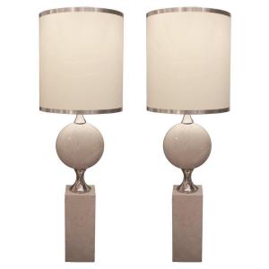 Pair Of Very Large Travertine And Nickel-plated Metal Lamps, By Philippe Barbier, Circa 1970