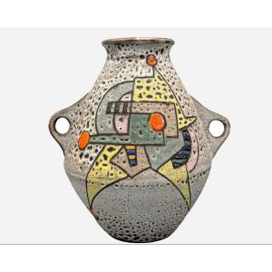 Grand vase à anses en céramique émaillée, par Marius Bessone, Vallauris, France, 1956